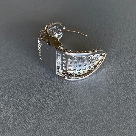 Pave Cubic Zirconia Huggies Style Silver Tone Earrings - Picture 5 of 10